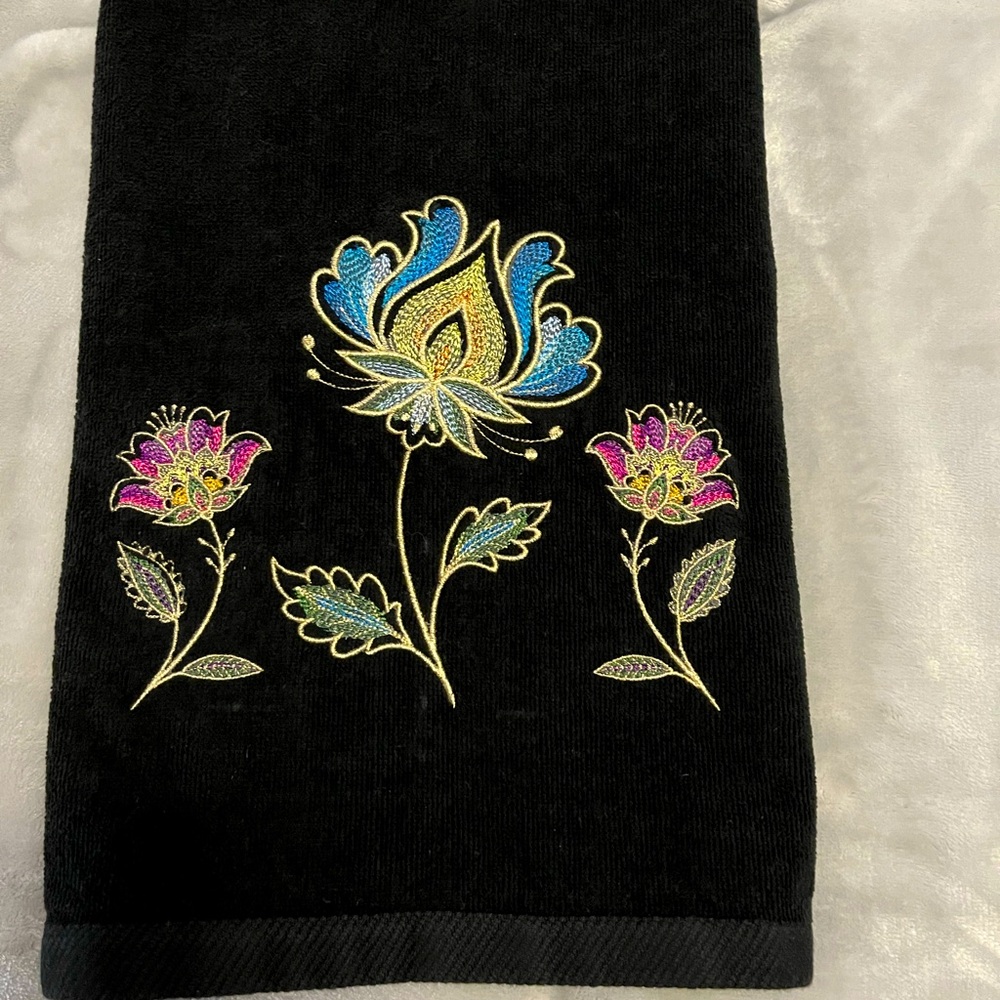 Handcrafted embroidered floral design in the Jacobean style pair of hand towels